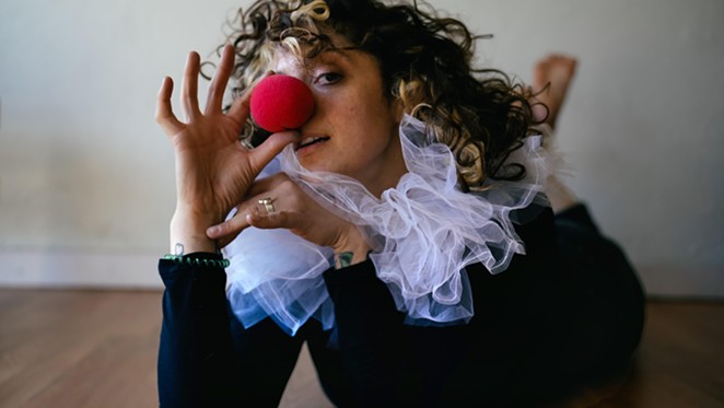 NOSE POSE: Lompoc resident Jasmine Gonzalez (pictured) has a new collage exhibit in town focused on clowns, “because life feels like a circus lately,” the mixed media artist told the Sun.