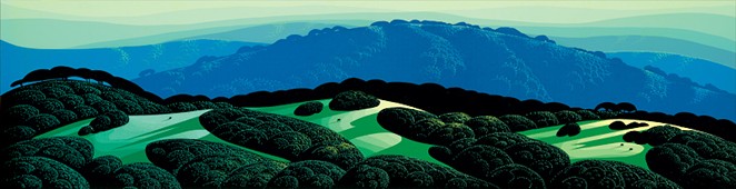 FIELDWORK: Eyvind Earle’s 1989 piece Three Fields and a Mountain is one of the hillside landscape paintings on display in the Elverhoj Museum’s latest art showcase.