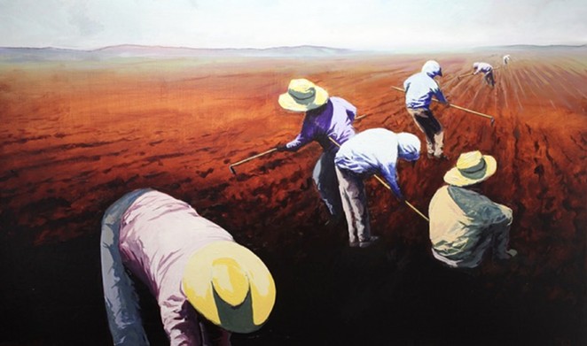COMMUNITY CULTIVATORS: Agricultural workers are the subjects consistently found in local artist Bobby Williams’ Pillars series, which includes this piece titled Tilling the Rows. Williams’ 15 most recent oil paintings in the ongoing series are currently on display at Gallery Los Olivos.