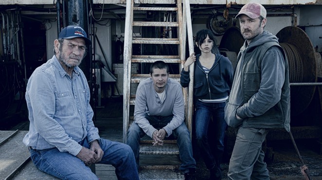 BLOOD IS THICKER: Finestkind, streaming on Paramount Plus, tells the story of a troubled family of fishermen—left to right: Eldridge (Tommy Lee Jones), Charlie (Toby Wallace), Mabel (Jenna Ortega), and Tom (Ben Foster)—trying to make a living.<