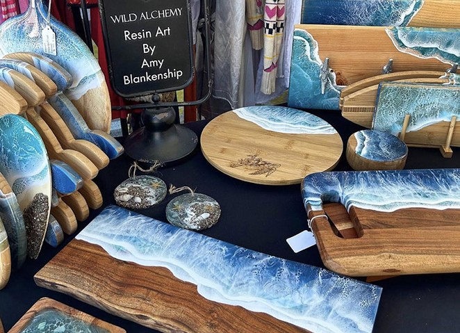 THE SHOP IN WORKSHOP: Before going on the market, Amy Blankenship’s resin art projects begin at her Orcutt home, where she has a backyard woodworking station and spare bedroom-turned art studio.
