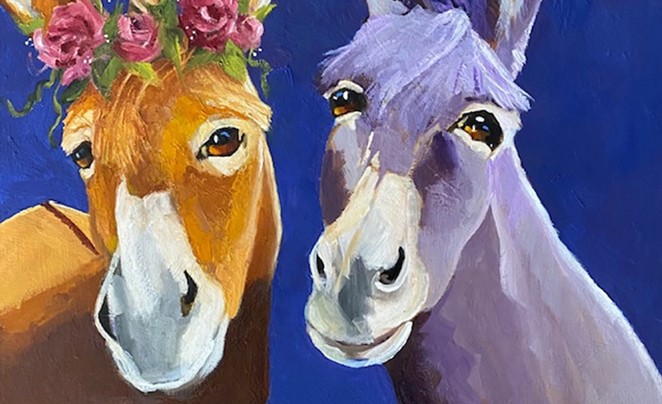 DONKEY DUO: Westlake Village-based artist Debbi Green, who has a new solo show at Gallery Los Olivos, captures two donkeys in her painting Love ‘N Roses.