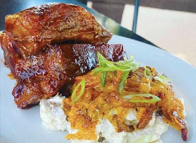 MAY THE PORK BE WITH YOU: Sous vide pork baby back ribs, with a side of loaded baked potato salad, is among the diverse offerings available at R&amp;D Local Kitchen, a new pop-up eatery in Solvang.