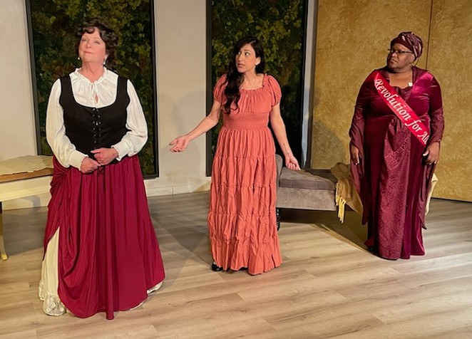REBEL ALLIANCE: The cast of the Lompoc Civic Theatre’s production of The Revolutionists includes Anne Ramsey, Angela Soleno, and Kimberly Washington, pictured from left to right.